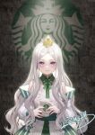  1girl bow bowtie collar crown detached_sleeves green_bow green_bowtie green_collar highres jokanhiyou lips long_hair looking_at_viewer purple_eyes shirt smile star_(symbol) starbucks white_hair white_shirt white_sleeves 