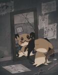  broken_mirror commentary_request drawing holding indoors mimikyu mirror nako_(nekono_shippo75) no_humans picture_(object) pokemon pokemon_(creature) reflection scissors solo tape wooden_floor 