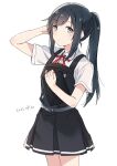  alternate_hairstyle asashio_(kancolle) asashio_kai_ni_(kancolle) belt black_hair buttons dated dress kantai_collection neck_ribbon pinafore_dress pleated_dress ponytail red_ribbon ribbon satsumi shirt short_sleeves sleeveless sleeveless_dress summer_uniform white_shirt 