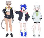  3girls ahoge animal_ear_fluff animal_ears asymmetrical_bangs black_footwear black_jacket black_shirt black_shorts blue_footwear blue_hair boots breasts can cat_ears cat_girl cat_tail choker cleavage closed_mouth crossed_bangs dark-skinned_female dark_skin dolphin_shorts dress english_commentary expressionless fang flat_chest full_body green_eyes grey_hair grin gris_(vertigris) hand_on_own_hip hands_in_pockets highres holding holding_can hood hood_down hooded_jacket hoodie jacket kara_(vertigris) long_sleeves looking_at_viewer medium_breasts midriff mouse_ears mouse_girl mouse_tail multicolored_hair multiple_girls navel off_shoulder open_clothes open_jacket open_mouth original outstretched_arm perl_(vertigris) red_eyes sandals shirt shoes short_hair short_shorts shorts sleeveless sleeveless_dress small_breasts smile sneakers socks sports_bra standing streaked_hair tail v vertigris white_dress white_hair white_hoodie white_socks yellow_eyes 