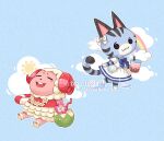  1boy 1girl :3 :d animal_crossing artist_name bag blue_background blue_bow blue_bowtie blush blush_stickers bow bowtie bubble_tea buttons cat_girl closed_eyes closed_mouth cloud coconut coconut_cup commentary cup curled_horns dated disposable_cup dom_(animal_crossing) dress drinking_straw english_commentary flower flower_necklace holding holding_cup horns lei lifebuoy lolly_(animal_crossing) matchaneko open_mouth pink_flower pink_horns puddle rainbow raised_eyebrows sailor_collar sailor_dress sheep_boy sheep_horns shell_bag short_sleeves shoulder_bag simple_background smile summer sun teeth upper_teeth_only white_bow white_dress white_flower white_sailor_collar 