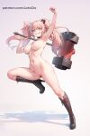  1girl aztodio bear_hair_ornament blonde_hair blue_eyes blush boots breasts danganronpa_(series) enoshima_junko full_body grin hair_ornament hammer knee_boots large_breasts long_hair looking_at_viewer navel nipples nude smile solo twintails 