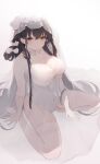  1girl absurdres azuma_(azur_lane) azuma_(lily-white_longing)_(azur_lane) azur_lane black_hair bow breasts bridal_veil bride cleavage closed_mouth collarbone commentary_request covered_navel dress hair_bow highres lace_leotard large_breasts long_hair looking_ahead see-through see-through_dress see-through_sleeves simple_background sitting smile solo thighhighs veil wariza wedding_dress white_background white_bow white_thighhighs white_veil xifanqvq yellow_eyes 
