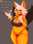  anthro bat big_breasts bikini bodily_fluids bra breasts chubby_anthro chubby_female clothing english_text female female_focus gloves handwear hi_res littlelamnstarr_(artist) makeup male mammal rouge_the_bat sega solo sonic_the_hedgehog_(series) sports_bra sweat swimwear tan_body text underwear wide_hips 