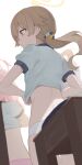  1girl 3girls azusa_(blue_archive) blue_archive blurry depth_of_field floating_hair from_behind furrowed_brow gym_shirt gym_uniform halo hifumi_(blue_archive) highres hiroki_(yyqw7151) koharu_(blue_archive) light_brown_hair multiple_girls panties profile shirt simple_background solo solo_focus twintails underwear white_background white_panties 