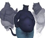  2021 anthro belly big_belly blue_body blue_fur bottomwear cellphone cettus clothed clothing felid fur holding_object holding_phone looking_at_object looking_at_phone male mammal moobs obese obese_anthro obese_male overweight overweight_anthro overweight_male pantherine pants phone shirt simple_background smartphone smile standing topless topwear white_background 