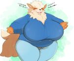  2023 anthro arcanine belly big_breasts blush bodily_fluids bottomwear breasts cheek_tuft claws clothed clothing curvy_figure cute_fangs eyelashes eyes_closed facial_tuft female fluffy fluffy_tail fur generation_1_pokemon hi_res hug_request huge_breasts japanese_text mokeee57 motion_lines neck_tuft nintendo open_mouth open_smile orange_body orange_fur overweight pants pokemon pokemon_(species) portrait simple_background smile solo spread_arms standing sweat sweatdrop sweater tail tan_body tan_fur text thick_thighs three-quarter_portrait topwear tuft voluptuous wide_hips 