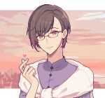  1boy artist_name brown_eyes brown_hair bustafellows commission glasses gradient_hair hand_up heart helvetica_(bustafellows) highres lanahpyon multicolored_hair outdoors pixel_art rating;g smile solo 