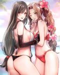  2girls absurdres aerith_gainsborough ass asymmetrical_docking bikini black_bikini_bottom black_gloves black_hair breast_press breasts brown_hair day elbow_gloves final_fantasy final_fantasy_vii final_fantasy_vii_remake fingerless_gloves flower frilled_bikini frills from_side gloves green_eyes hair_flower hair_ornament hand_on_another&#039;s_chest highres large_breasts long_hair looking_at_viewer looking_to_the_side low-tied_long_hair multiple_girls navel one_eye_closed open_mouth outdoors ponytail red_bikini red_eyes red_flower shoji_sakura smile swimsuit tifa_lockhart very_long_hair w wavy_hair white_bikini 