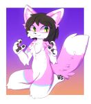  anthro appliei biped black_hair black_nose black_pawpads canid canine fox fur girly green_eyes hair hi_res inner_ear_fluff male mammal norii pawpads paws pink_body pink_fur sitting sitting_on_ground solo tuft 
