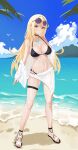  1girl absurdres alternate_costume beach bikini black_bikini blonde_hair blue_sky chest_jewel closed_mouth cloud core_crystal_(xenoblade) drop_earrings earrings eyewear_on_head feet full_body highres jewelry lao_cai_bie_wanzhe_yao legs long_hair looking_at_viewer mythra_(xenoblade) navel o-ring o-ring_bikini ocean off_shoulder outdoors palm_leaf round_eyewear sandals sarong shirt sky solo sunglasses swept_bangs swimsuit thigh_strap toenails toes white_sarong white_shirt xenoblade_chronicles_(series) xenoblade_chronicles_2 yellow_eyes 