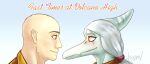 amber_eyes anon_(snoot_game) bald brown_eyes colored duo english_text eye_contact fang_(gvh) goodbye_volcano_high hair hi_res human looking_at_another mammal ponytail pterodactylus pterosaur reptile rexznov scalie short_hair smile snoot_game snout text 