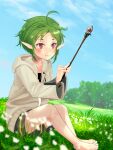  1girl ahoge barefoot blue_sky closed_mouth day elf green_hair highres holding holding_wand hood hooded_jacket jacket miyabi_(miyabi) mushoku_tensei on_grass outdoors pointy_ears red_eyes short_hair sitting sky smile solo sylphiette_(mushoku_tensei) tree wand white_jacket 