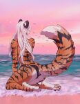  absurd_res anthro beach bikini clothed clothing felid female fur hair hi_res lynjox mammal multicolored_body multicolored_fur pantherine posing_for_picture sea seaside smile solo striped_body striped_fur stripes sukena surf swimwear tail tiger two_tone_body two_tone_fur water white_body white_fur white_hair 