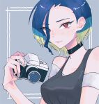  1girl bare_shoulders black_choker black_vest blue_hair bob_cut breasts brown_eyes camera choker collarbone crop_top highres holding holding_camera loose_hair_strand medium_breasts mochax_x off-shoulder_shirt off_shoulder perrin_(pokemon) photographer pokemon pokemon_(game) pokemon_sv ribbed_shirt shirt short_sleeves vest white_shirt 