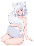  1girl :d animal_ear_fluff animal_ears arm_support blush breasts completely_nude fang fluffy grey_hair hair_between_eyes holding_own_tail inubashiri_momiji large_breasts looking_at_viewer medium_hair nude open_mouth pink_eyes rururiaru simple_background sitting skin_fang smile solo tail tail_censor touhou white_background wolf_ears wolf_tail yokozuwari 