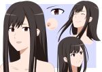  1girl :d bare_shoulders black_hair blush border brown_eyes clenched_teeth closed_eyes closed_mouth commentary expressions hall_onon long_hair looking_at_viewer munehisa_maya_(hall_onon) nude original smile swept_bangs teeth white_border 