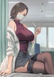  1girl armpits bare_shoulders blush breasts brown_eyes brown_hair crossed_legs holding holding_thermometer kesoshirou lab_coat large_breasts legs looking_at_viewer mask mouth_mask original pencil_skirt school_nurse skirt sleeveless sleeveless_turtleneck solo thermometer thighhighs thighs turtleneck 