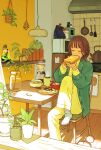  1girl breakfast brown_hair chair closed_eyes eating food green_jacket highres indoors jacket kettle kitchen lamp microwave no_shoes open_clothes open_jacket original pants plant potted_plant short_hair sitting socks solo table toast twin-mix white_pants white_socks 