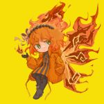  1girl black_dress black_footwear black_pantyhose boots chibi closed_mouth dress e.g.o_(project_moon) fiery_hair fiery_wings fire freckles green_eyes highres ishmael_(project_moon) ivy_(675671) jacket limbus_company looking_to_the_side orange_hair orange_jacket pantyhose project_moon simple_background solo wings yellow_background 