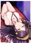  1girl absurdres bare_legs breasts comb double_bun fire_emblem fire_emblem_fates hair_bun highres large_breasts light_smile long_hair looking_at_viewer lying nenemu0 on_back orochi_(fire_emblem) purple_eyes purple_hair solo 