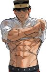 1boy abs bara black_hair black_pants clothes_lift golden_kamuy hat highres large_pectorals male_focus military_hat muscular muscular_male navel nipples pants pectorals scar scar_on_arm scar_on_cheek scar_on_chest scar_on_face scar_on_mouth scar_on_nose shirt shirt_lift short_hair simple_background solo sugimoto_saichi ton_(ton19130318) wet wet_clothes wet_face wet_shirt white_background white_shirt 