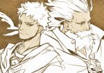  2boys beard brown_background cape cloak closed_eyes commentary_request facial_hair fate/grand_order fate_(series) hatching_(texture) linear_hatching looking_at_viewer male_focus monochrome multiple_boys old old_man ptolemy_(fate) ryuuki_garyuu smile spot_color upper_body wrinkled_skin yellow_eyes 