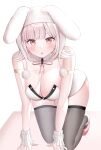  1girl :o all_fours animal_ears armlet bare_shoulders blush breasts brown_eyes cleavage danganronpa_(series) danganronpa_2:_goodbye_despair detached_collar fake_animal_ears fishnet_thighhighs fishnets flipped_hair highres large_breasts leotard looking_at_viewer medium_hair nanami_chiaki neck_ribbon peko_taro pink_footwear pink_ribbon playboy_bunny rabbit_ears ribbon shiny_skin solo thighhighs 