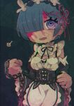  1girl black_ribbon blood blood_on_face blue_eyes blue_hair chain checkmark chromatic_aberration detached_sleeves hair_ornament hair_over_one_eye hairclip highres holding holding_chain maid maid_headdress open_mouth re:zero_kara_hajimeru_isekai_seikatsu red_ribbon rem_(re:zero) ribbon short_hair solo umanisi x_hair_ornament 