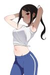  1girl absurdres armpits arms_up black_hair blue_pants blush breasts closed_mouth coro_fae cowboy_shot gym_uniform high_ponytail highres kaguya-sama_wa_kokurasetai_~tensai-tachi_no_renai_zunousen~ long_hair looking_at_viewer paid_reward_available pants red_eyes shinomiya_kaguya shirt sidelocks simple_background small_breasts solo sweat tied_shirt track_pants white_background 