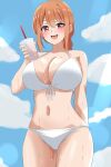  1girl :d blue_sky blush breasts cleavage cloud commentary cup dars_(recolors) day disposable_cup drink drinking_straw hair_between_eyes highres holding holding_cup holding_drink large_breasts navel open_mouth orange_hair outdoors red_eyes sky smile solo teeth upper_teeth_only yahari_ore_no_seishun_lovecome_wa_machigatteiru. yuigahama_yui&#039;s_mother 