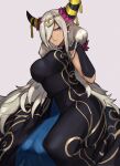  1girl asymmetrical_horns bare_shoulders breasts dark-skinned_female dark_skin dragon dragon_girl fire_emblem fire_emblem_engage hair_ornament hair_over_one_eye highres horns large_breasts long_hair mature_female pointy_ears purple_eyes seinikuten smile solo tan tassel tassel_hair_ornament very_long_hair wyvern zelestia_(fire_emblem) 