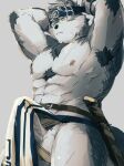 1boy abs adjusting_clothes adjusting_headwear ainu_clothes aoi_(husiginokuninoa) armpit_hair armpits arms_behind_head bara belt bulge chest_hair chest_tuft clothes_lift clothing_aside erection erection_under_clothes facing_ahead feet_out_of_frame fundoshi fundoshi_aside furry furry_male grey_fur highres horkeu_kamui japanese_clothes large_pectorals male_focus mature_male muscular muscular_male navel nipples pectorals pelvic_curtain pelvic_curtain_lift penis penis_peek sheath sheathed short_hair solo standing stomach sweat thick_thighs thighs tokyo_afterschool_summoners topless_male two-tone_fur wolf_boy yellow_eyes 