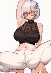  1girl armpits blue_eyes blush braid braided_bangs breasts feather_hair_ornament feathers glasses grey_hair hair_ornament highres hololive hololive_indonesia large_breasts looking_at_viewer navel pavolia_reine short_hair solo varniskarnis virtual_youtuber 