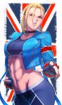  1girl abs aduti_momoyama blonde_hair blue_eyes blue_jacket blue_sports_bra breasts cammy_white choker clenched_hand cowboy_shot cropped_jacket eyes_visible_through_hair fingerless_gloves gloves groin hexagon_print highres jacket lips long_sleeves looking_at_viewer medium_breasts midriff navel open_clothes open_jacket parted_lips pendant_choker pink_lips purple_choker purple_gloves scar scar_on_cheek scar_on_face short_hair solo sports_bra standing street_fighter street_fighter_6 