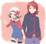  1boy 1girl 50gjuu blue_overalls blush brown_eyes brown_hair commentary_request cowlick hat highres holding_hands jacket long_hair long_sleeves looking_at_viewer lower_teeth_only lyra_(pokemon) open_mouth overalls pants pointing pokemon pokemon_(game) pokemon_hgss red_hair shirt silver_(pokemon) sleeves_past_elbows sweatdrop teeth thighhighs tongue twintails white_headwear white_thighhighs 