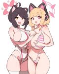  2girls :d absurdres ahoge alternate_breast_size animal_ears asymmetrical_docking bare_shoulders bikini black_hair blonde_hair blue_archive blush breast_press breasts brown_eyes competition_swimsuit english_commentary grabbing grabbing_own_breast gya_rb halo highleg highleg_bikini highres huge_breasts kaede_(blue_archive) looking_at_viewer micro_bikini momoi_(blue_archive) multiple_girls one-piece_swimsuit open_mouth oppai_loli simple_background skindentation smile string_bikini striped striped_bikini swimsuit thighhighs white_background white_one-piece_swimsuit yellow_eyes 