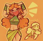  &gt;_&lt; :3 :d arms_up breasts cleavage curly_hair excited freckles green_eyes green_shirt hands_on_own_head happy heart heart_in_mouth highres izzy_(total_drama) navel orange_hair shirt smile stomach thighs total_drama wrist_wrap 