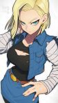  1girl android_18 blonde_hair blue_eyes cleavage_cutout clothing_cutout denim denim_jacket denim_skirt denim_vest dragon_ball dragon_ball_super dragon_ball_z earrings hata4564 highres jacket jeans jewelry pants skirt solo striped_sleeves 