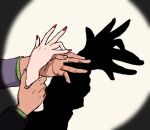  1boy absurdres diamond_wa_kudakenai disembodied_limb fingernails green_shirt hand_focus hand_up highres jacket jojo_no_kimyou_na_bouken kira_yoshikage purple_jacket red_nails severed_hand shadow shirt simple_background spotlight striped striped_shirt tasse_jj 