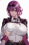  1girl black_jacket breasts celyn404 eyewear_on_head gloves grabbing grabbing_another&#039;s_breast guided_breast_grab guiding_hand highres honkai:_star_rail honkai_(series) jacket kafka_(honkai:_star_rail) large_breasts long_jacket looking_at_viewer purple_eyes purple_gloves purple_hair round_eyewear shirt standing sunglasses upper_body white_background white_shirt 