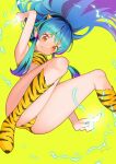  1girl absurdres animal_print ass bikini blue_eyes blue_hair cone_horns electricity from_below fur_bikini highres horns itou_kazuki long_hair lum midair oni oni_horns orange_eyes print_bikini print_footwear small_horns solo strapless strapless_bikini swimsuit tiger_print urusei_yatsura yellow_horns 