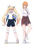  2girls ball bandaid bandaid_on_cheek bandaid_on_face blonde_hair blue_eyes commentary_request crossed_arms fang goddess_of_victory:_nikke green_eyes highres holding holding_ball jacket laplace_(nikke) maxwell_(nikke) multiple_girls nuko609 open_clothes orange_hair pleated_skirt shirt shorts skirt twintails white_footwear white_shirt 