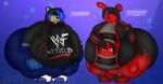  2020 absurd_res anthro artist_name bangs bear belly big_belly big_butt black_bottomwear black_clothing black_hair black_jacket black_nose black_pants black_shirt black_topwear blue_background blue_body blue_fur blue_hair bottomwear brandon-x breasts butt clothed clothing dialogue digit_ring digital_drawing_(artwork) digital_media_(artwork) duo eyewear female fingerless_gloves footwear fur gesturing_at_viewer glasses gloves green_eyes grey_clothing grey_eyes grey_gloves grey_handwear hair hand_on_stomach handwear heterochromia hi_res huge_butt huge_thighs jacket jewelry lagomorph leporid logo logo_on_shirt long_ears looking_at_viewer male male/female mammal married_couple multicolored_body multicolored_clothing multicolored_footwear multicolored_fur multicolored_hair multicolored_shoes obese obese_anthro obese_female obese_male open_clothing open_jacket open_mouth open_topwear overweight overweight_anthro overweight_female overweight_male pants patch_(fabric) pockets rabbit red_eyes red_hair ring samantha_quinzel_kinzie shirt shoes simple_background smile speech_bubble standing stripes studionfox talking_to_viewer thick_thighs threatening topwear ursine wedding_ring wwf 