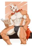  1boy alternate_pectoral_size animal_ears arknights ass_visible_through_thighs bara black_male_underwear book brown_fur bulge cropped_legs dog_boy dog_ears fluffy furry furry_male hair_over_one_eye highres holding holding_book horns hung_(arknights) jockstrap large_pectorals looking_at_viewer male_focus male_underwear medium_hair mjj_mianbao multicolored_hair muscular muscular_male orange_eyes orange_hair pectorals seductive_smile single_horn sitting smile solo spread_legs streaked_hair thick_eyebrows thick_thighs thighs topless_male two-tone_fur underwear white_fur 