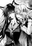  2girls absurdres animal_ear_fluff animal_ears arknights ascot bite_mark bite_mark_on_neck black_ascot black_eyes black_hair black_vest breasts collared_shirt fangs fingerless_gloves gloves greyscale hair_between_eyes hand_grab hand_on_another&#039;s_cheek hand_on_another&#039;s_face hand_up highres jacket jacket_on_shoulders lappland_(arknights) long_hair long_sleeves looking_at_another looking_at_viewer medium_breasts messy_hair monochrome multiple_girls open_mouth pillar round_teeth scar scar_across_eye senju_yosiyuki shirt smile smug sweat teeth texas_(arknights) upper_body v-shaped_eyebrows vest white_hair white_shirt wolf_ears wolf_girl wolf_print yuri 