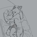  anthro bed bedding blanket canid canine clothed clothing cuddling disney duo embrace female fox furniture grey_background hug judy_hopps lagomorph leporid male male/female mammal nick_wilde pillow rabbit replytoanons simple_background sketch sleeping topless zootopia 