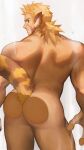  1boy absurdres animal_ears ass ass_focus ass_on_glass ass_press bara blonde_hair breath_of_fire breath_of_fire_iv completely_nude cowboy_shot cray_(breath_of_fire) feet_out_of_frame from_behind gundan highres large_hands looking_at_viewer looking_back male_focus muscular muscular_male nude open_hand short_hair smile solo standing steam tail thick_eyebrows tiger_boy tiger_ears tiger_stripes tiger_tail 