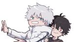  2boys aged_down ametaro_(ixxxzu) black_hair black_sweater blue_eyes boku_no_hero_academia closed_mouth grin jacket looking_at_viewer male_focus mole mole_under_mouth multiple_boys red_eyes shigaraki_tomura short_hair simple_background smile spiked_hair sweater todoroki_touya white_background white_hair white_jacket wrinkled_skin 
