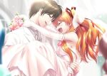  1boy 2girls :d ^_^ aizawa_yuuichi amano_mishio blurry blush bouquet breasts bridal_gauntlets bridal_veil brown_hair carrying church closed_eyes commission couple day depth_of_field dress dress_flower eyelashes fang floating_hair flower from_side hair_between_eyes hair_ribbon happy hetero holding holding_bouquet hug jewelry kanon long_hair medium_breasts multiple_girls open_mouth orange_hair outdoors pink_flower pink_rose princess_carry profile red_flower red_ribbon red_rose ribbon ring rose sawatari_makoto short_hair sidelocks skeb_commission smile suit tears teeth third_eye two_side_up upper_teeth_only veil very_long_hair wedding wedding_dress wedding_ring white_dress white_suit zen_(kamuro) 